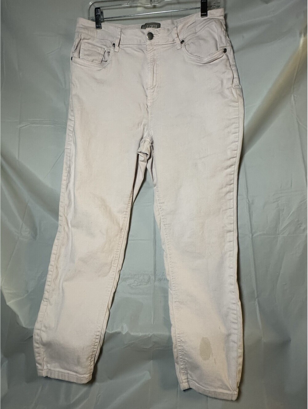 Falls Creek Women's Off-White Straight Leg Jeans Size 14 Mid Rise Stained Flawed